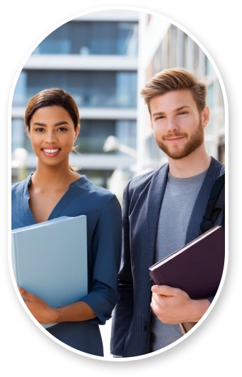 Diverse graduate students in various professional program settings: medical student in scrubs, law student with books, MBA student in business attire